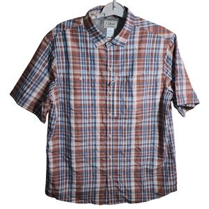 LL Bean Mens Short Sleeve Plaid Button Down Hiking Shirt Blue Orange Performance